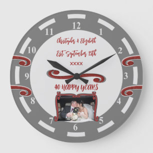 Grande Horloge Ronde Ruby Anniversaire 40 ans ajouter noms photo gris