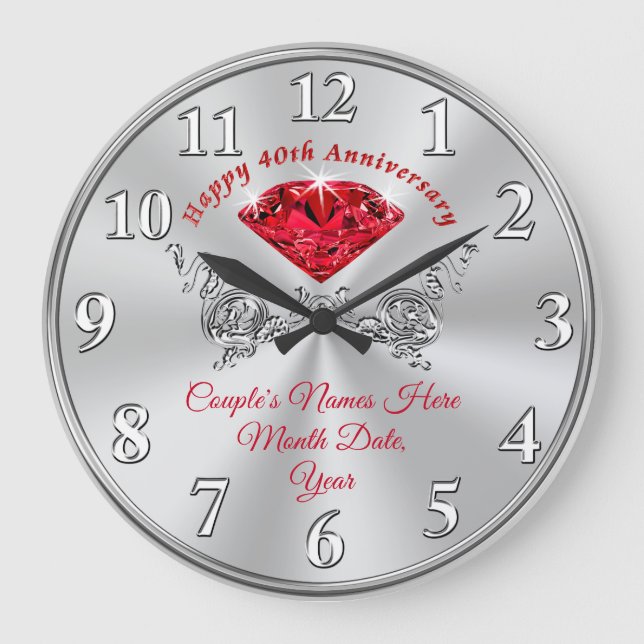 Grande Horloge Ronde Ruby Happy 40th Anniversary Clock with Your Text (Recto)