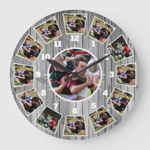 Grande Horloge Ronde Rugby Wooden Effect Personalise Photo Collage