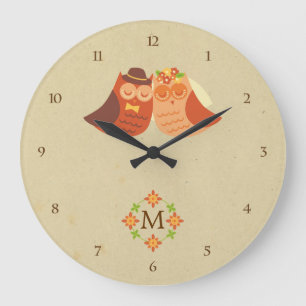 Grande Horloge Ronde Russe Boho Lovebird Owl Couple