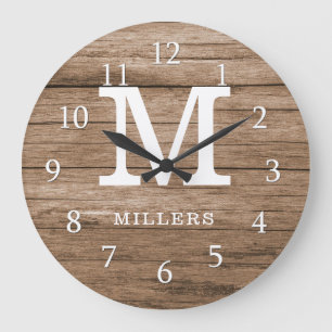 Grande Horloge Ronde Russe Bois Ferme Famille Monogramme