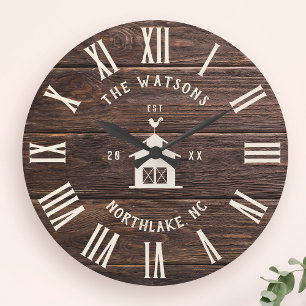 Grande Horloge Ronde Russe Moderne Farmhouse Personnalisé Nom de famil