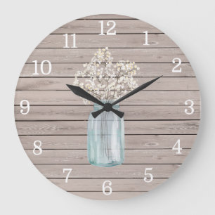 Grande Horloge Ronde Rustic Baby Breath Mason Jar Clock