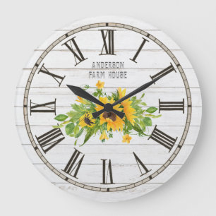 Grande Horloge Ronde Rustic Barn White Grey Wood Sunflowers