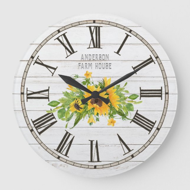 Grande Horloge Ronde Rustic Barn White Grey Wood Sunflowers (Recto)