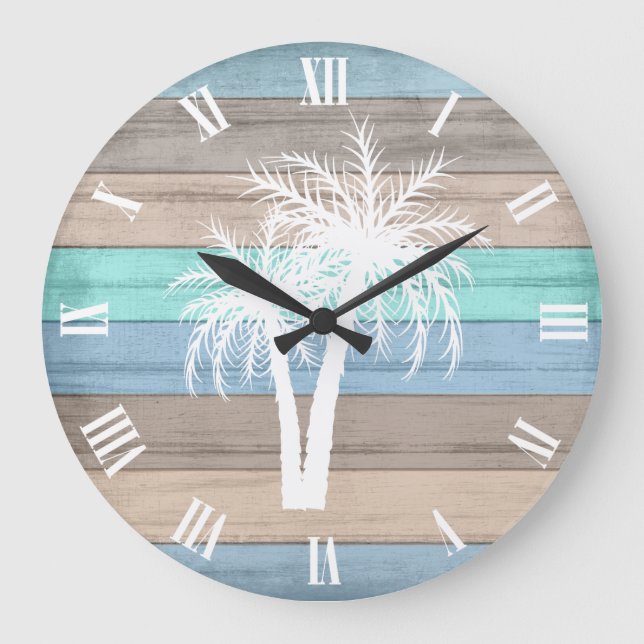 Grande Horloge Ronde Rustic Beach Bois Nautique et rayures Palmiers (Recto)