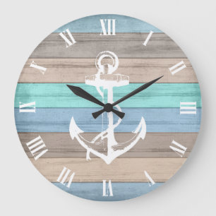 Grande Horloge Ronde Rustic Beach Wood Bandes et Ancres nautiques
