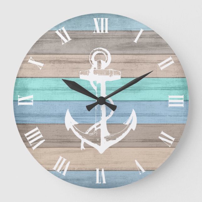 Grande Horloge Ronde Rustic Beach Wood Bandes et Ancres nautiques (Recto)