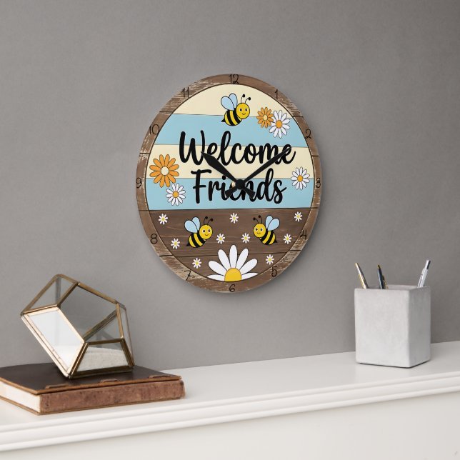 Grande Horloge Ronde Rustic Bee Welcome Friends (Bureau)