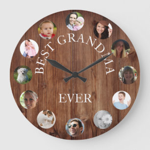 Grande Horloge Ronde Rustic Best Grandma Ever Photo Collage Wood