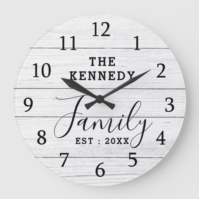 Grande Horloge Ronde Rustic Black And White Wood Farmhouse Family Name  (Recto)