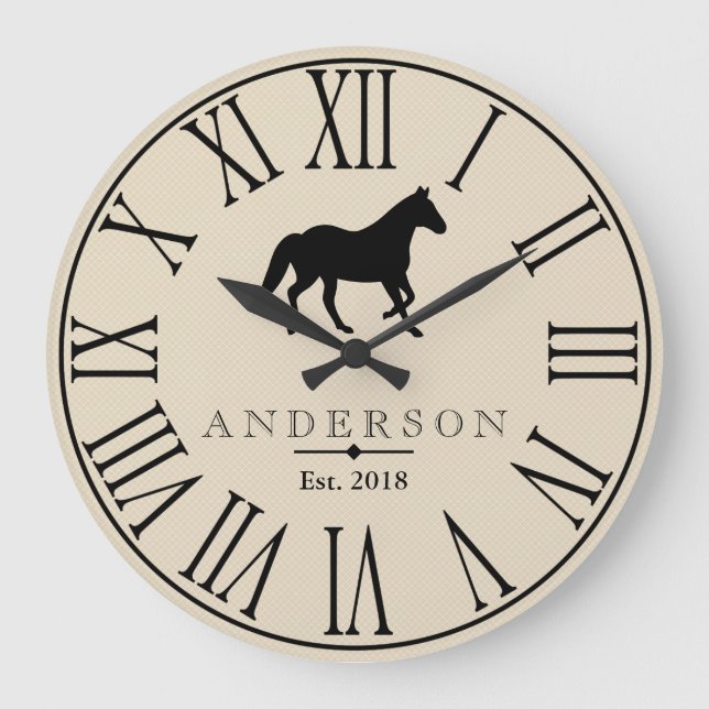 Grande Horloge Ronde Rustic Black Horse Silhouette & Family Nom (Recto)