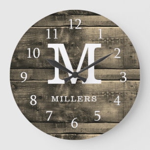 Grande Horloge Ronde Rustic Brown Wood Nom de famille Monogrammé