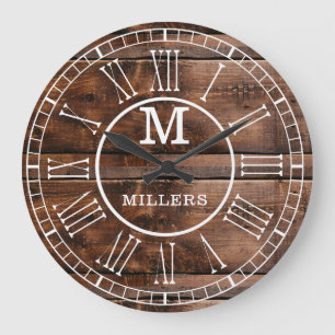 Grande Horloge Ronde Rustic Brown Wood Nom de famille Monogramme