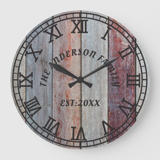 Grande Horloge Ronde Rustic Brown Wood Nom de famille personnalisé (Recto)