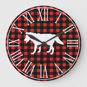 Grande Horloge Ronde Rustic Buffalo Check Plaid & White Wolf Silhouette