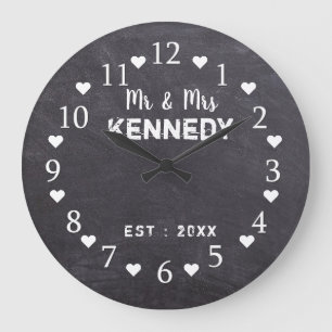 Grande Horloge Ronde Rustic Chalkboard M. et Mme Wedding
