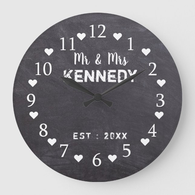 Grande Horloge Ronde Rustic Chalkboard M. et Mme Wedding (Recto)