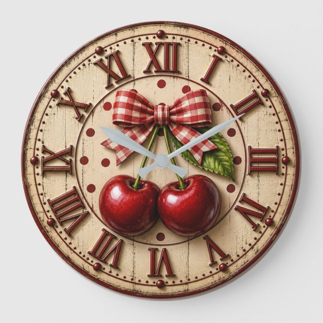 Grande Horloge Ronde Rustic Cherry Gingham Bow  Farmhouse Kitchen (Recto)