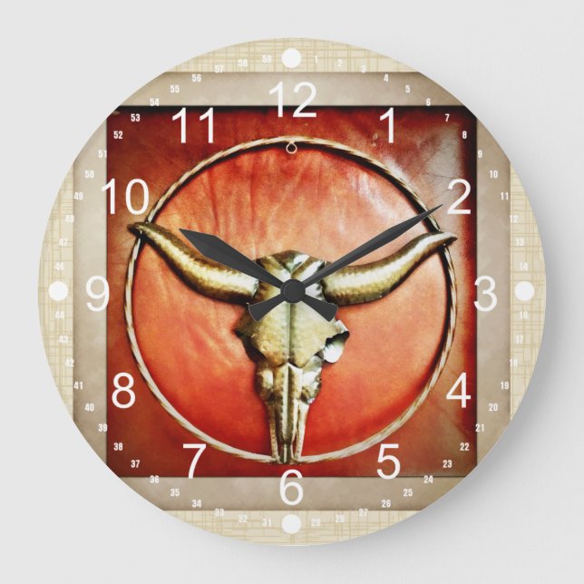 Grande Horloge Ronde Rustic Country Bull Horns Faux Design en cuir (Recto)