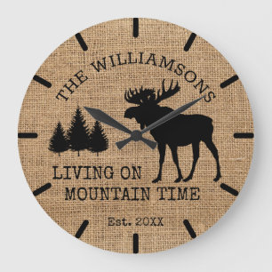 Grande Horloge Ronde Rustic Country Burlap Living Mountain Time Moose