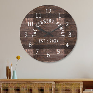 Grande Horloge Ronde Rustic Country Farmhouse Nom de famille Wood