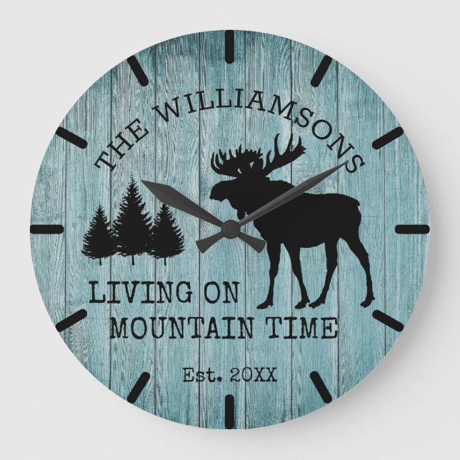 Grande Horloge Ronde Rustic Country Wood Living on Mountain Time Moose (Recto)