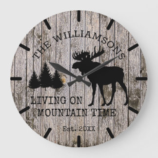 Grande Horloge Ronde Rustic Country Wood Living on Mountain Time Moose