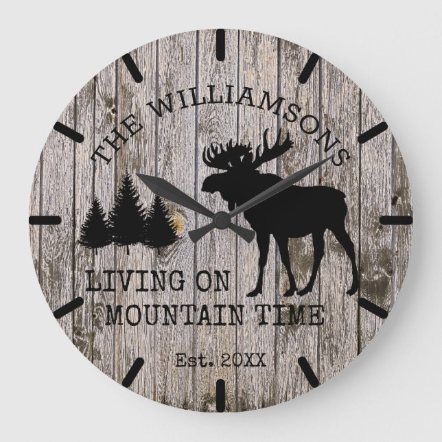 Grande Horloge Ronde Rustic Country Wood Living on Mountain Time Moose (Recto)