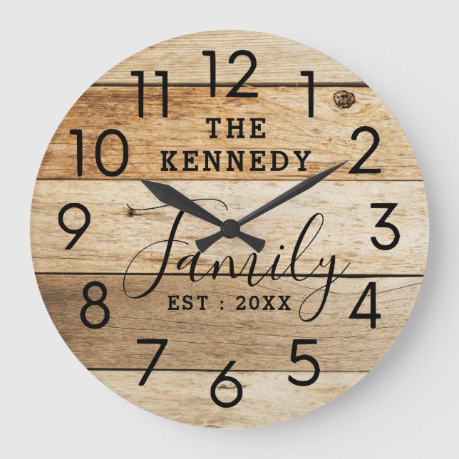 Grande Horloge Ronde Rustic Country Wood Nom de famille Ferme (Recto)