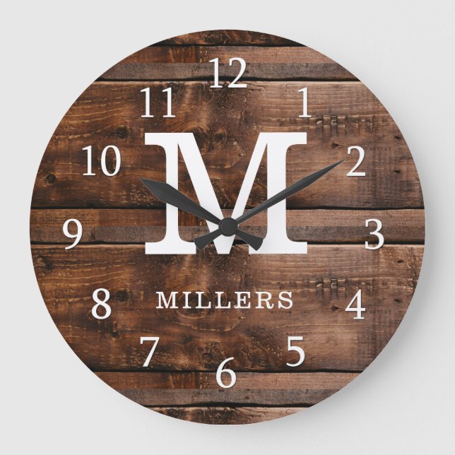Grande Horloge Ronde Rustic Dark Brown Wood Nom de famille Monogrammé (Recto)