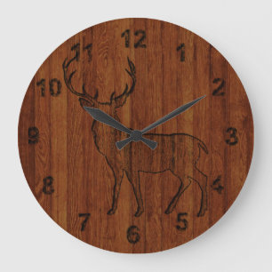 Grande Horloge Ronde Rustic Deer carved in wood Effect