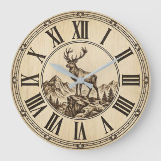 Grande Horloge Ronde Rustic Deer Mountain Wall Clock | Wood-Look Cabin