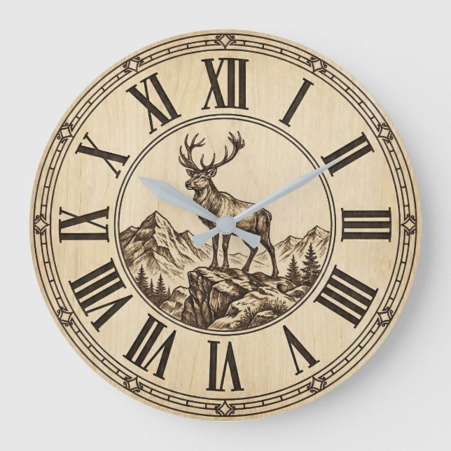 Grande Horloge Ronde Rustic Deer Mountain Wall Clock | Wood-Look Cabin  (Recto)