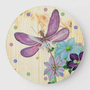 Grande Horloge Ronde Rustic Dragonfly Purple Flowers Blue Wood