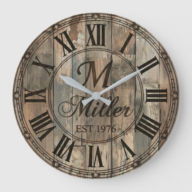 Grande Horloge Ronde Rustic Family Monogram Wall Clock | Wood-Look  (Recto)