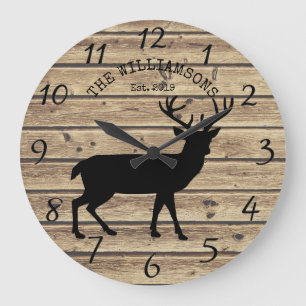 Grande Horloge Ronde Rustic Family Name Wood Cabin Deer Buck