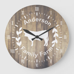 Grande Horloge Ronde Rustic Farmhouse Bull Cow & Nom de famille