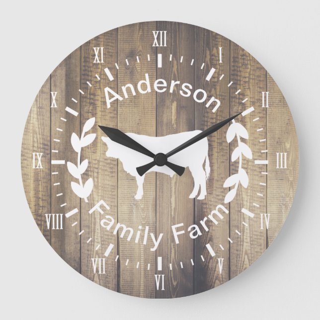 Grande Horloge Ronde Rustic Farmhouse Bull Cow & Nom de famille (Recto)