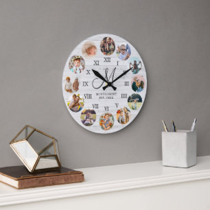 Grande Horloge Ronde Rustic Farmhouse Famille Photo Collage Monogramme