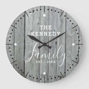 Grande Horloge Ronde Rustic Farmhouse Gray Wood Family Nom Large Clock
