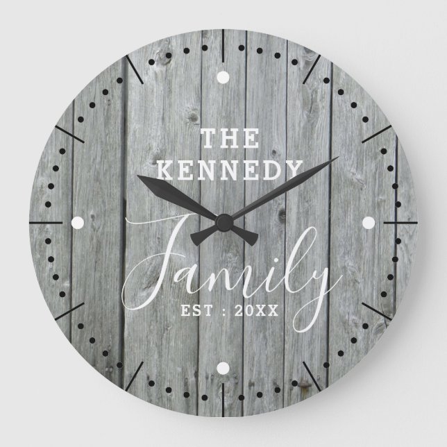 Grande Horloge Ronde Rustic Farmhouse Gray Wood Family Nom Large Clock (Recto)