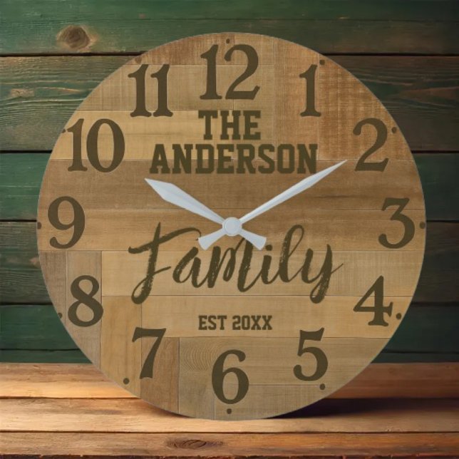 Grande Horloge Ronde Rustic farmhouse personalized family name wood  (Créateur téléchargé)