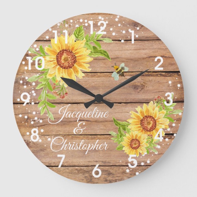 Grande Horloge Ronde Rustic Floral Yellow Sunflower Large Clock (Recto)