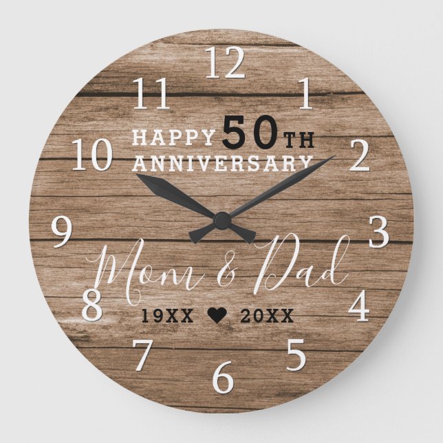 Grande Horloge Ronde  Rustic Grange Bois 50ème Anniversaire Mariage d'o (Recto)
