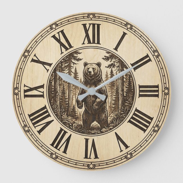 Grande Horloge Ronde Rustic Grizzly Bear Wall Clock | Wood Style  (Recto)