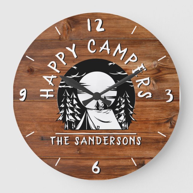 Grande Horloge Ronde Rustic Happy Campers Tente Nom de famille Bois Des (Recto)