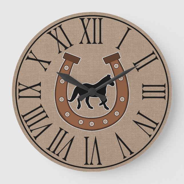 Grande Horloge Ronde Rustic Horseshoe and Black Horse Faux Burlap (Recto)