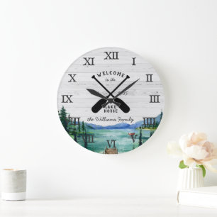 Grande Horloge Ronde Rustic Lake House Thème   Nom de famille