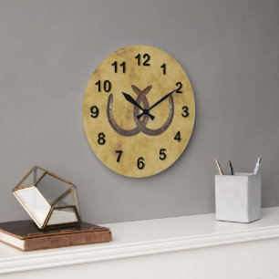 Grande Horloge Ronde Rustic Lucky Horseshoe Arrière - plan désorganisé
